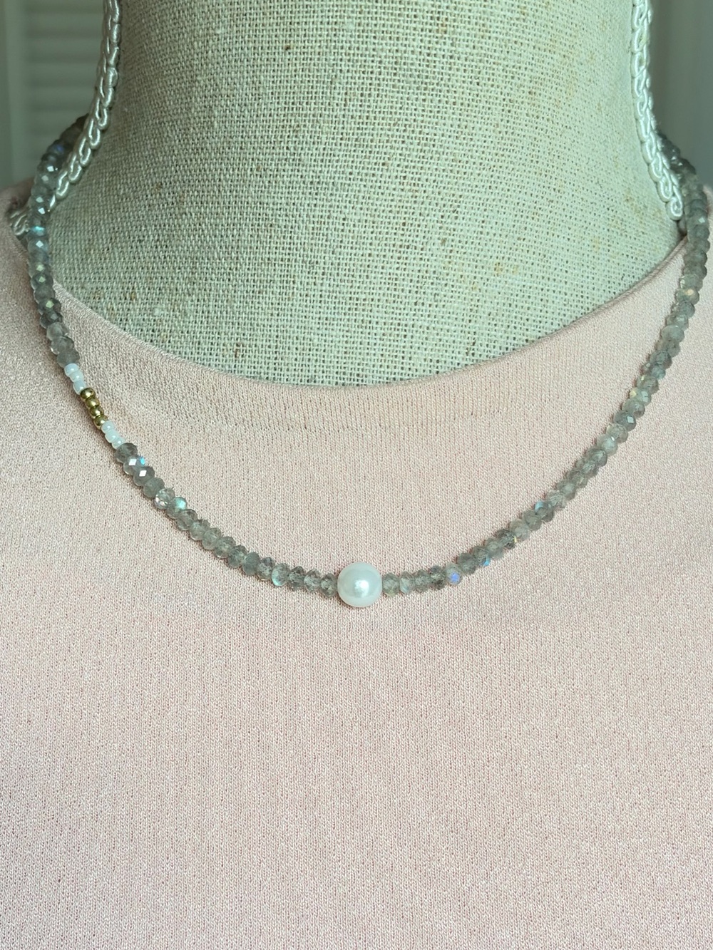 Dainty Labradorite & Pearl Necklace • 18K GF Accents • Sterling Heart Clasp